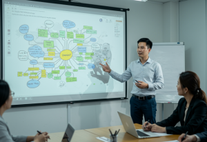 Sơ đồ tư duy giúp trình bày ý tưởng phức tạp một cách rõ ràng và hiệu quả trong môi trường làm việc chuyên nghiệp.