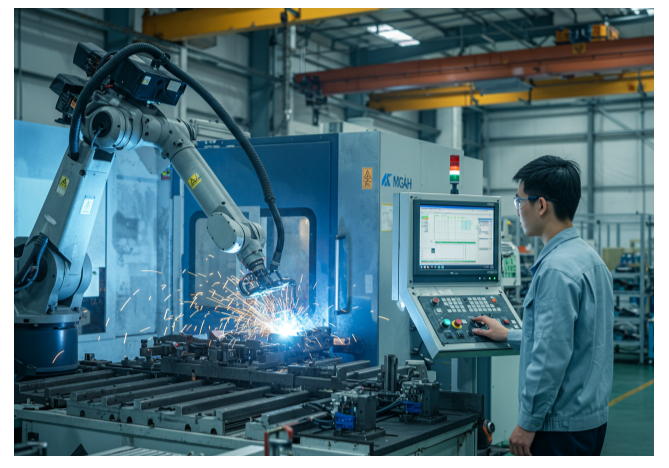 Robot công nghiệp và kỹ sư Việt Nam đang hợp tác nâng cao hiệu suất và độ chính xác trong sản xuất.
