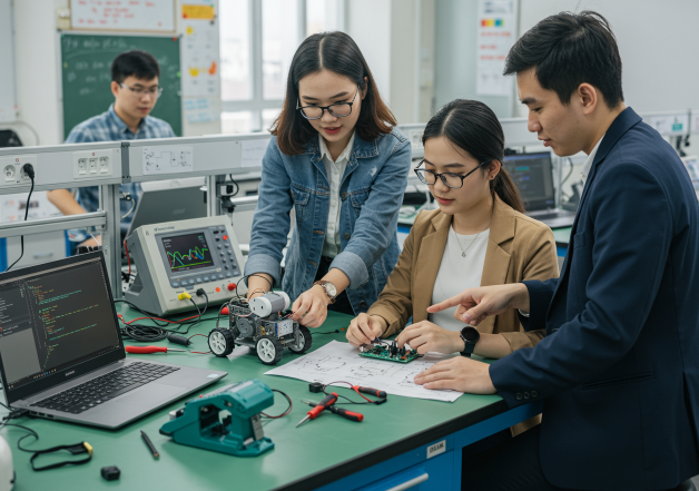 Sinh viên cơ điện tử tích cực thực hành và hợp tác trong môi trường phòng thí nghiệm hiện đại, chuẩn bị vững vàng cho tương lai công nghiệp 4.0.