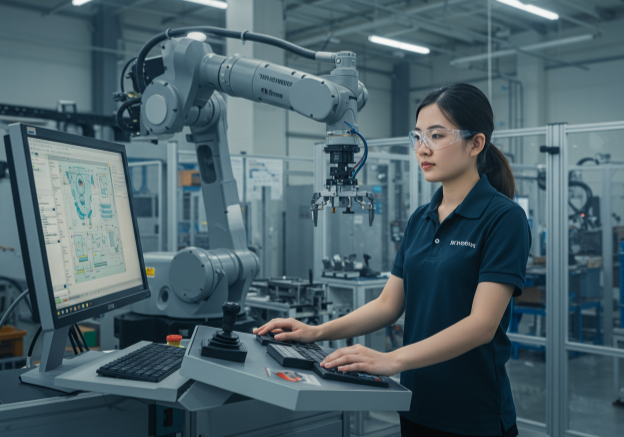 Kỹ sư cơ khí ứng dụng công nghệ robot và tự động hóa để tối ưu hóa quy trình sản xuất hiện đại.