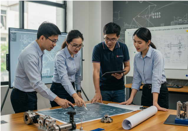 Kỹ sư cơ khí làm việc nhóm để phát triển các giải pháp sáng tạo, từ thiết kế đến vận hành.